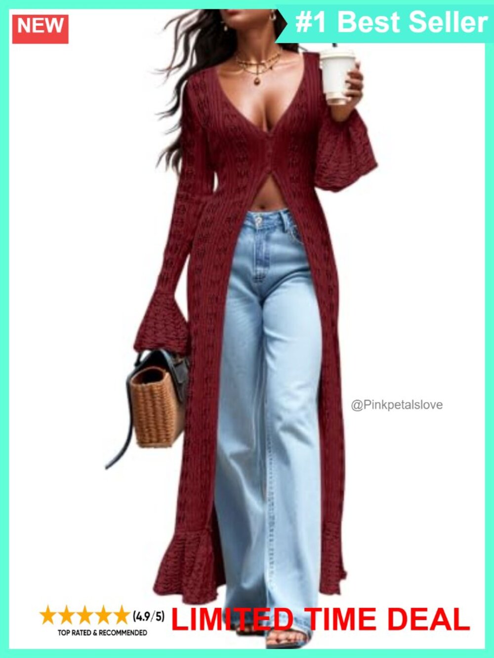 Crochet Long Cardigan Lightweight Bell Sleeve Ruffle Hem Duster